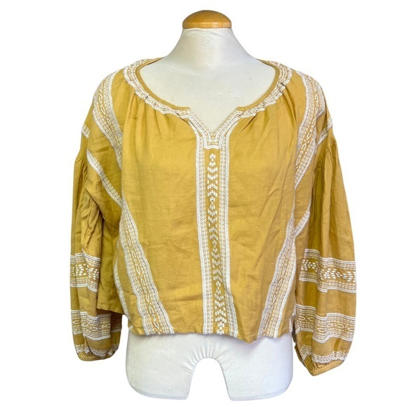 Omekashi Tops - Women's Medium Omekashi Mustard Yellow Long Sleeve Top | Embroidered Details |
